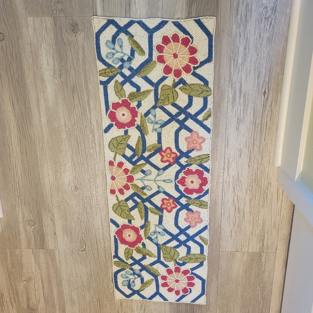 Rare Pier 1 Imports Floral Beaded Table Runner with Floral Pattern 38X13 Inches